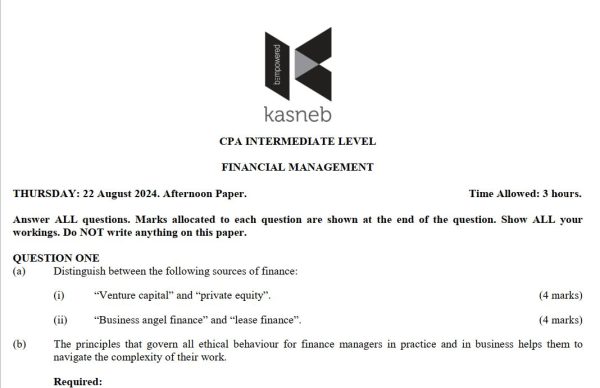 August 2024 Financial Management Past Paper answers