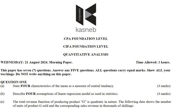 August 2024 Quantitative Analysis (QA) Past Paper answers