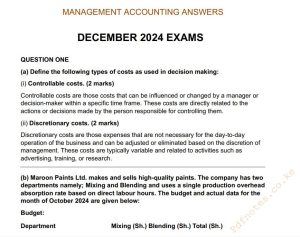 December 2024 Management Accounting Past Paper answers