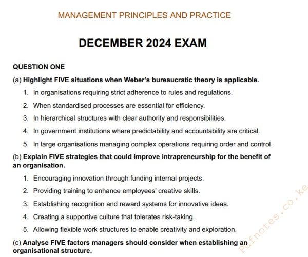 December 2024 Management Principles and Practice Past Paper Answers