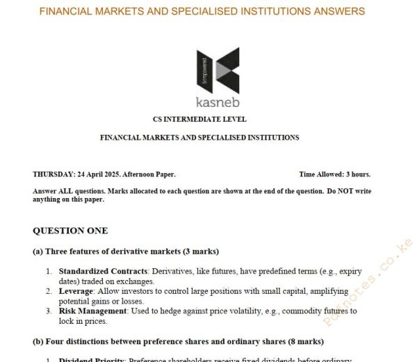 April 2025 Financial Markets and Specialised Institutions Past Paper Answers