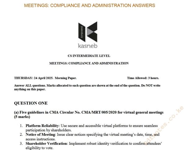 April 2025 Meetings, Compliance and Administration Past Paper Answers