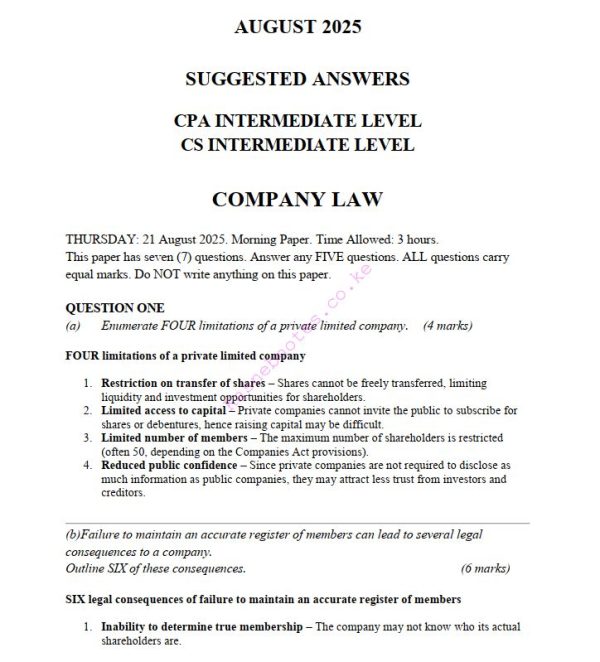 Company Law August 2025 Past Paper Answers