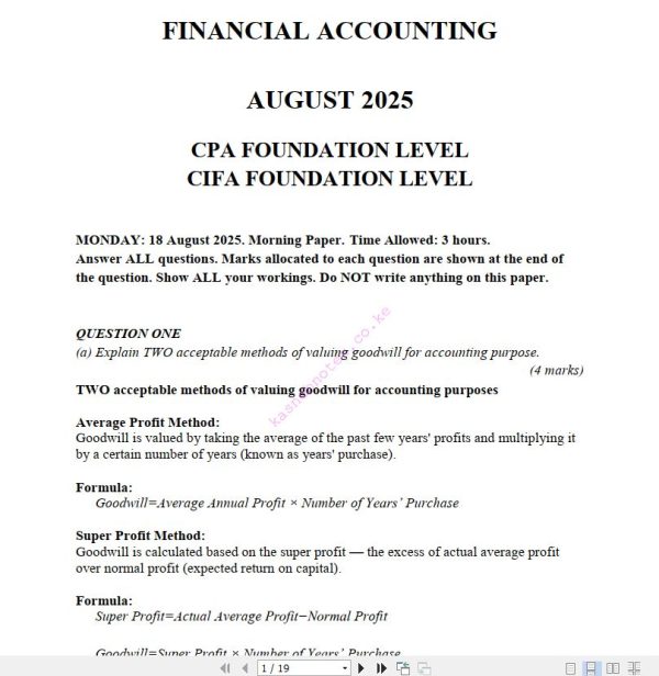 August 2025 CPA CIFA Financial Accounting Past Paper answers