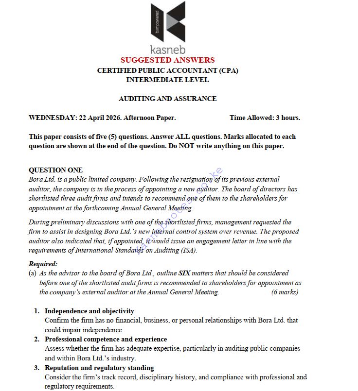 Auditing and Assurance April 2026 Answers