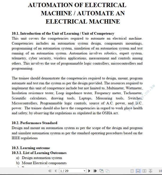 Automation of Electrical Machine/Automate an Electrical Machine Learning Guide Pdf notes TVET CDACC Level 6