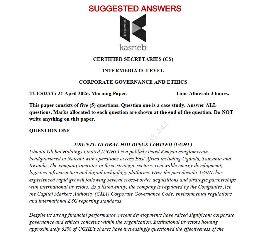 April 2026 Corporate Governance and Ethics Past Paper Answers