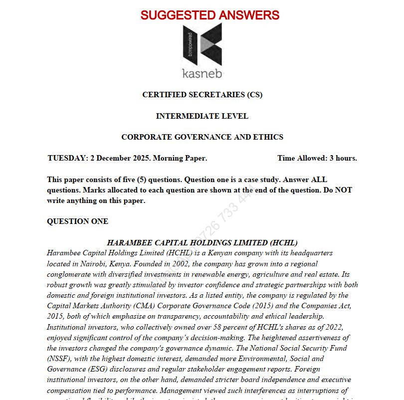 December 2025 Corporate Governance and Ethics Past Paper Answers