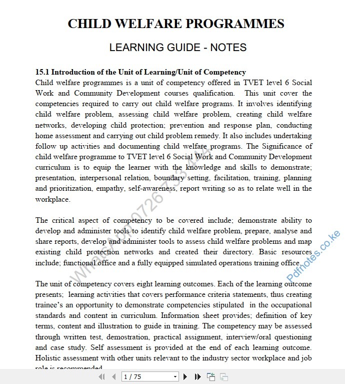 Child Welfare Programmes Learning Guide Pdf notes
