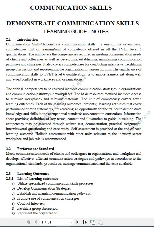 Communication Skills Learning Guide Pdf notes TVET CDACC Level 6