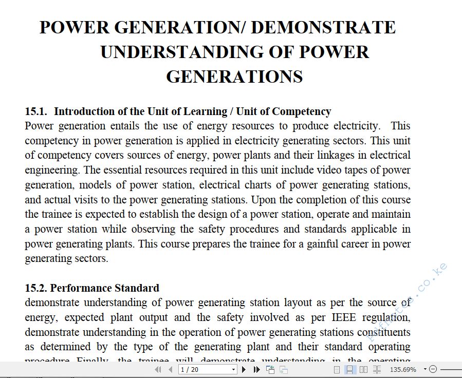 Power Generation/Demonstrate Understanding of Power Generations Learning Guide Pdf notes TVET CDACC Level 6