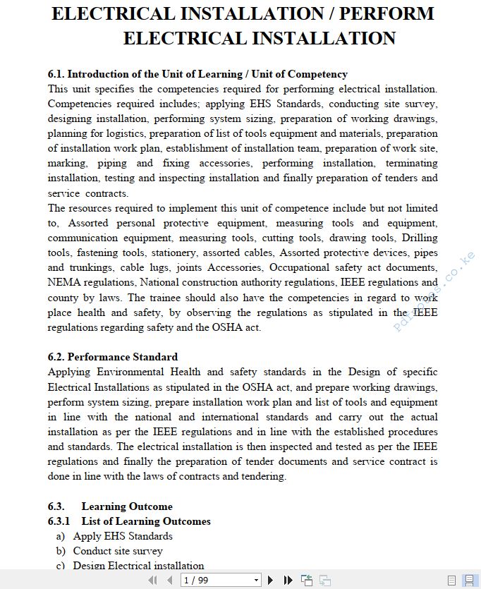 Electrical Installation/Perform Electrical Installation Learning Guide Pdf notes TVET CDACC Level 6