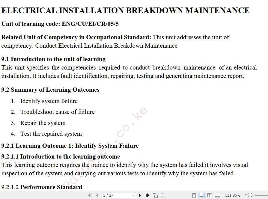Electrical Installation Breakdown Maintenance Learning Guide Pdf notes TVET CDACC Level 5