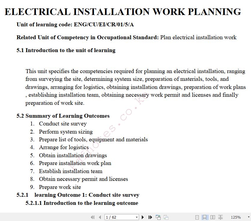 Electrical Installation Work Planning Learning Guide Pdf notes TVET CDACC Level 5