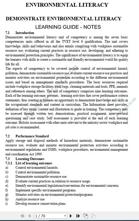 Environmental Literacy Pdf Learning Guide notes TVET CDACC Level 6