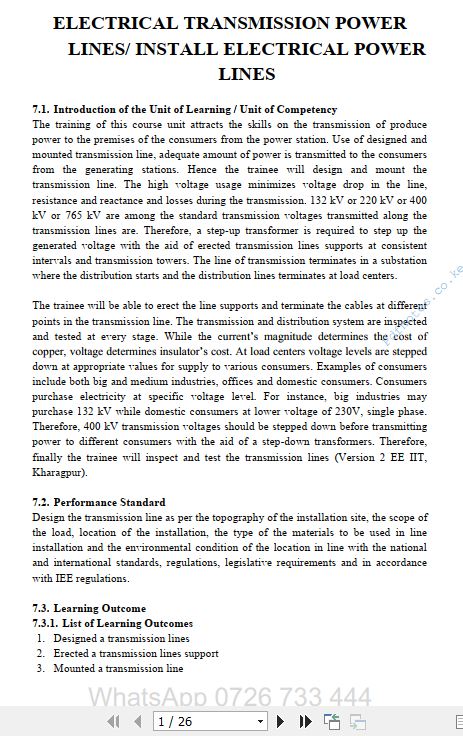 Electrical Transmission Power Lines/Install Electrical Power Lines Learning Guide Pdf notes TVET CDACC Level 6