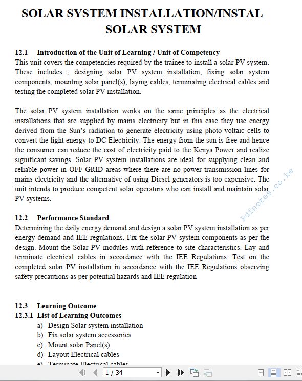 Solar System Installation/Install Solar System Learning Guide Pdf notes TVET CDACC Level 6