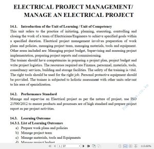 Electrical Project Management/Manage an Electrical Project Learning Guide Pdf notes TVET CDACC Level 6