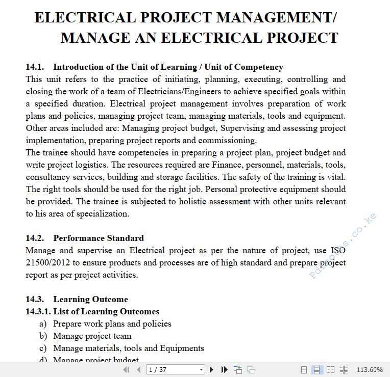 Electrical Project Management/Manage an Electrical Project Learning Guide Pdf notes TVET CDACC Level 6