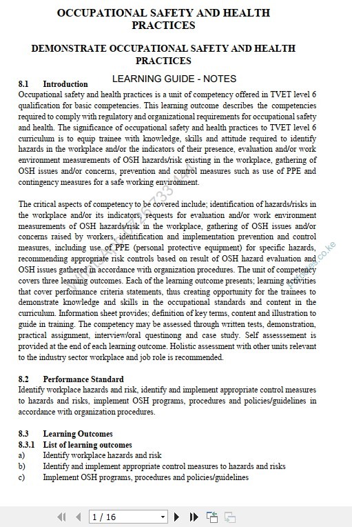 Occupational Safety and Health Practices (OSHP) Learning Guide TVET CDACC Level 6