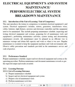 Electrical Equipment’s and System Maintenance/Perform Electrical System Breakdown Maintenance Learning Guide Pdf notes TVET CDACC Level 6