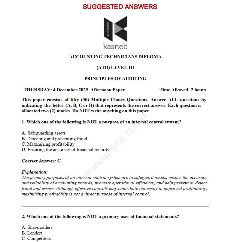 Principles of Auditing December 2025 ATD Level III Answers