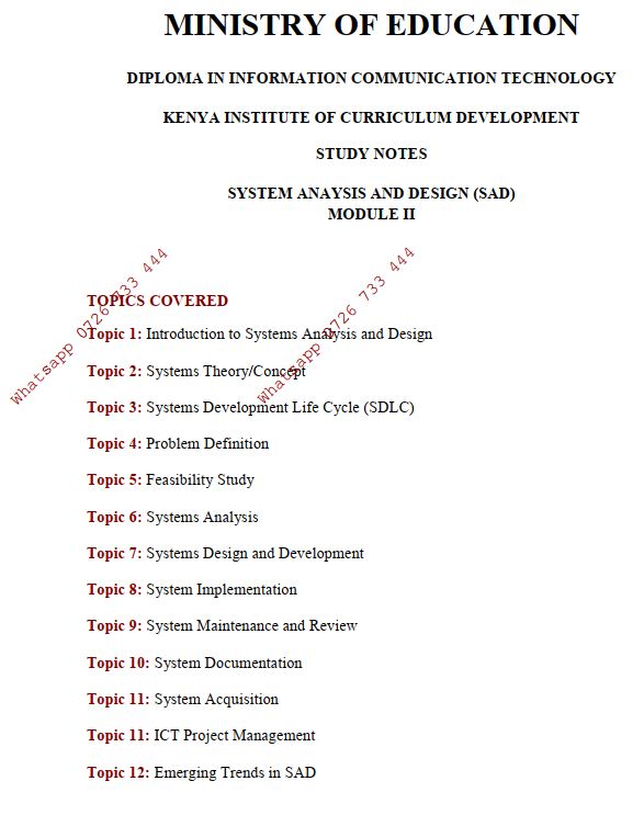 Systems Analysis and (SAD) Pdf KNEC notes