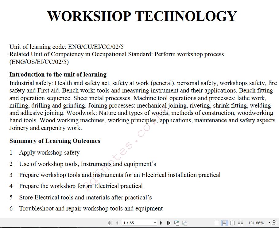Workshop Technology Learning Guide Pdf notes TVET CDACC Level 5