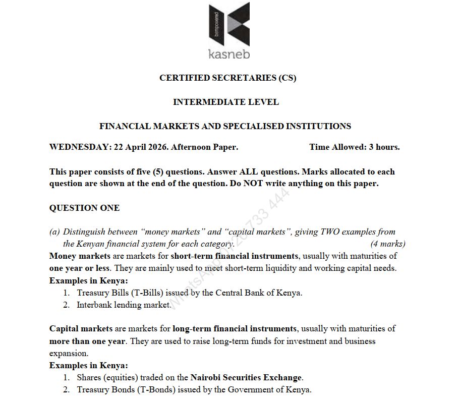 April 2026 Financial Markets and Specialised Institutions Past Paper Answers