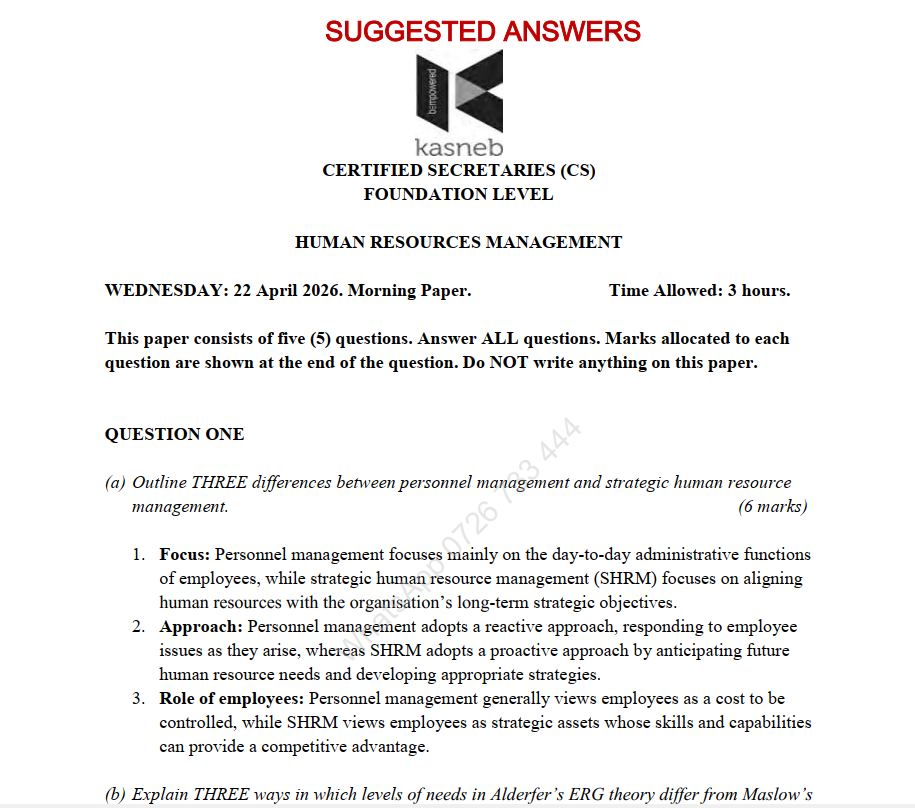 April 2026 Human Resource Management Past Paper Answers