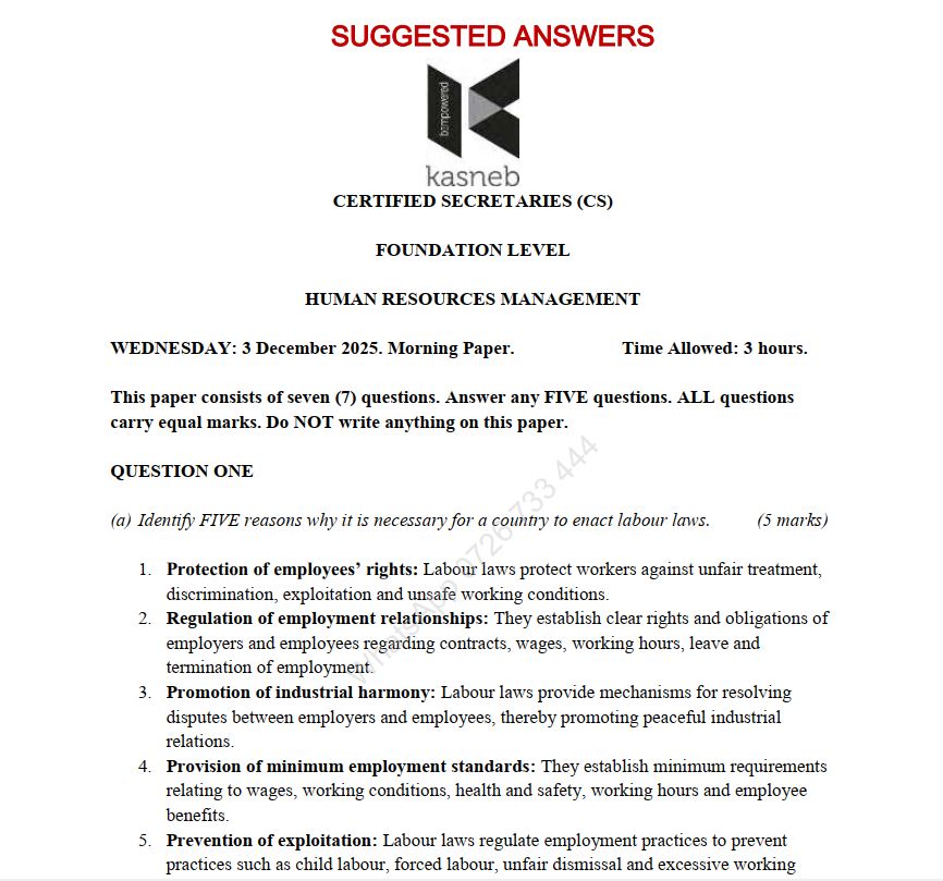 December 2025 Human Resource Management Past Paper Answers