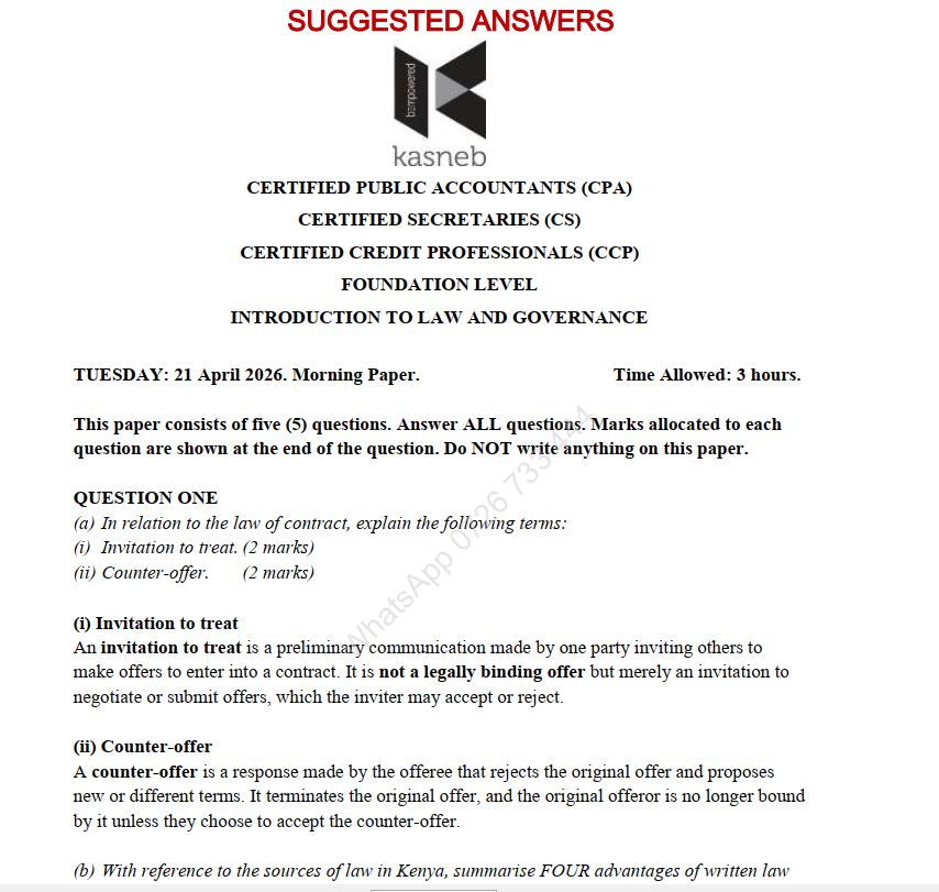 April 2026 CPA Introduction to Law and Governance Past Paper answers