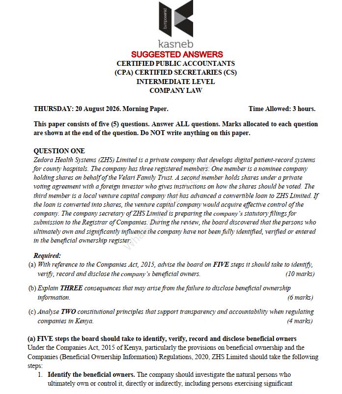 Company Law August 2026 Past Paper Answers